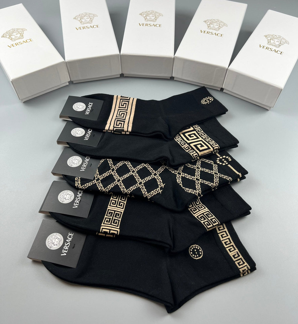 Versace Mixed Gold-Tone Greek-Key And Medallion Graphics Ankle Socks - 5-Pair Set