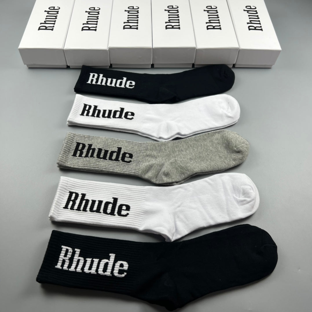 Rhude Crew Socks - Black, White and Grey 5-Pair Box