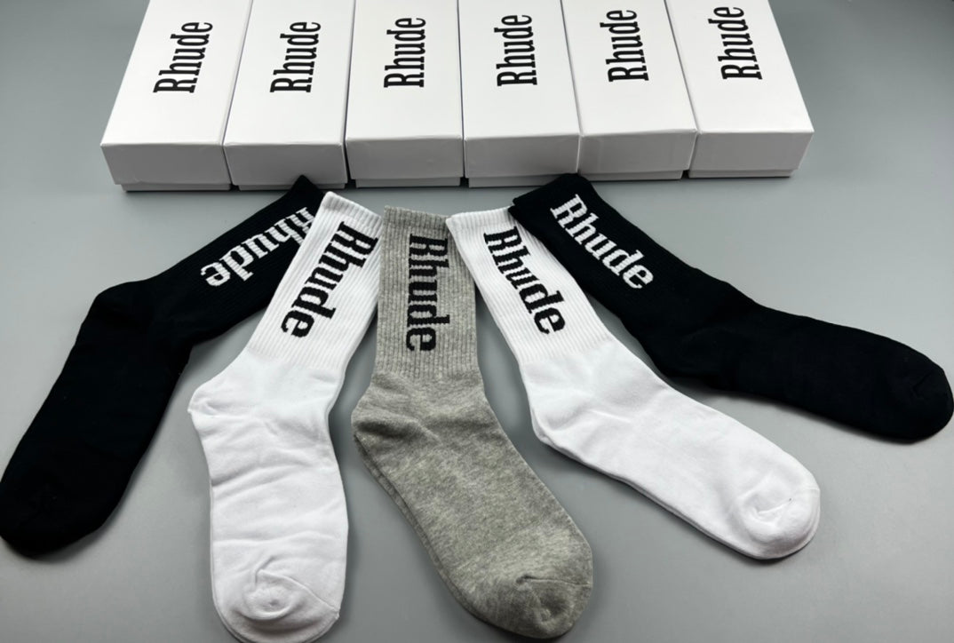 Rhude Crew Socks - Black, White and Grey 5-Pair Box