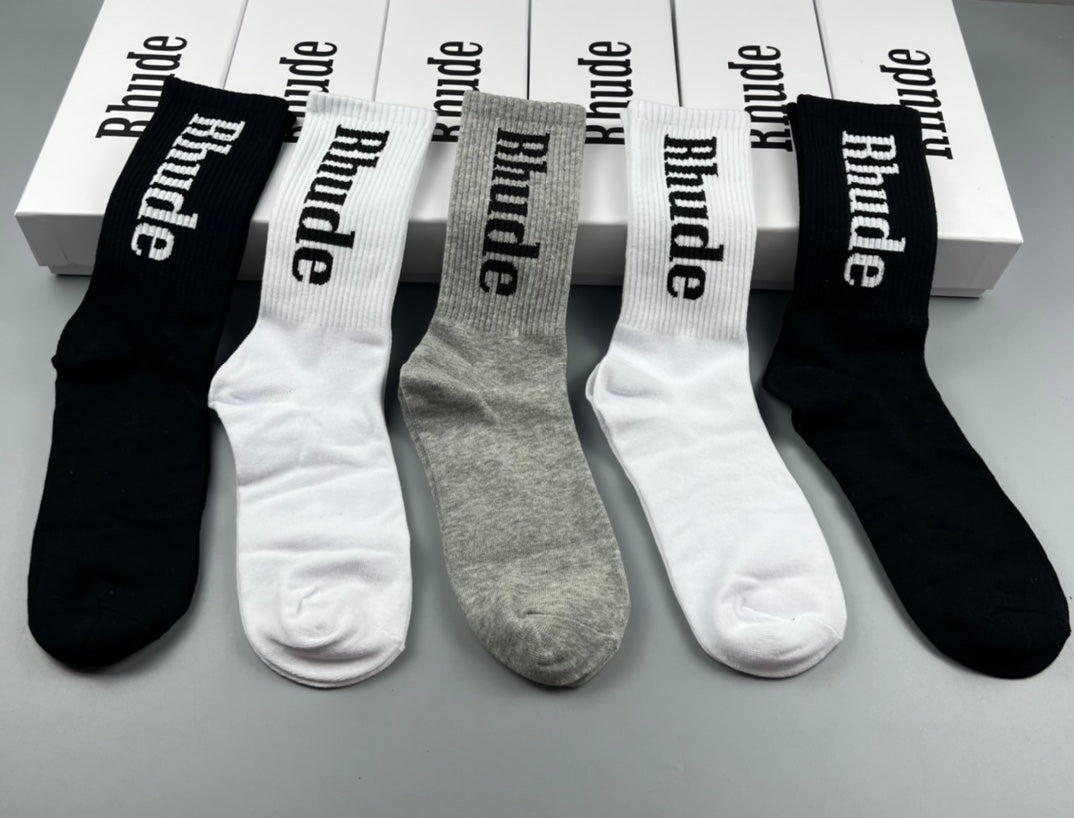 Rhude Crew Socks - Black, White and Grey 5-Pair Box