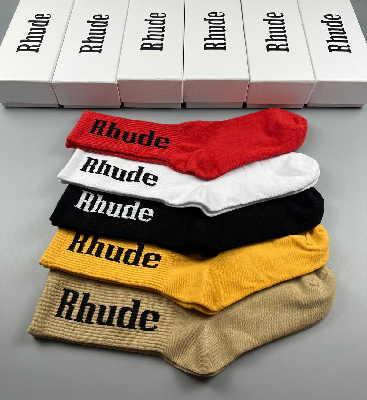 Rhude Crew Socks - Mustard, Black, White, Red and Beige 5-Pair Box