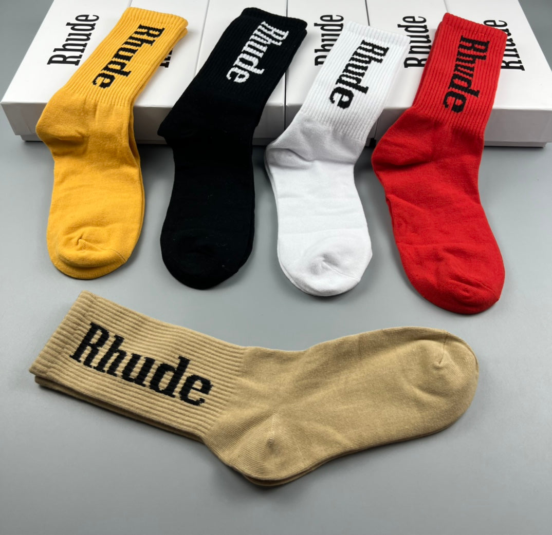 Rhude Crew Socks - Mustard, Black, White, Red and Beige 5-Pair Box