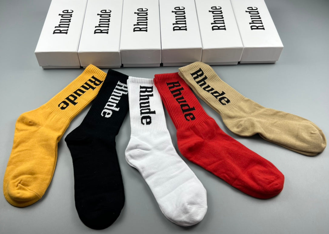 Rhude Crew Socks - Mustard, Black, White, Red and Beige 5-Pair Box