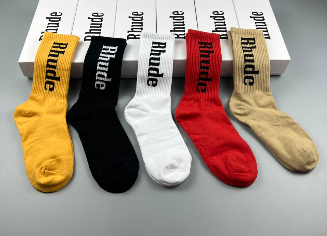 Rhude Crew Socks - Mustard, Black, White, Red and Beige 5-Pair Box