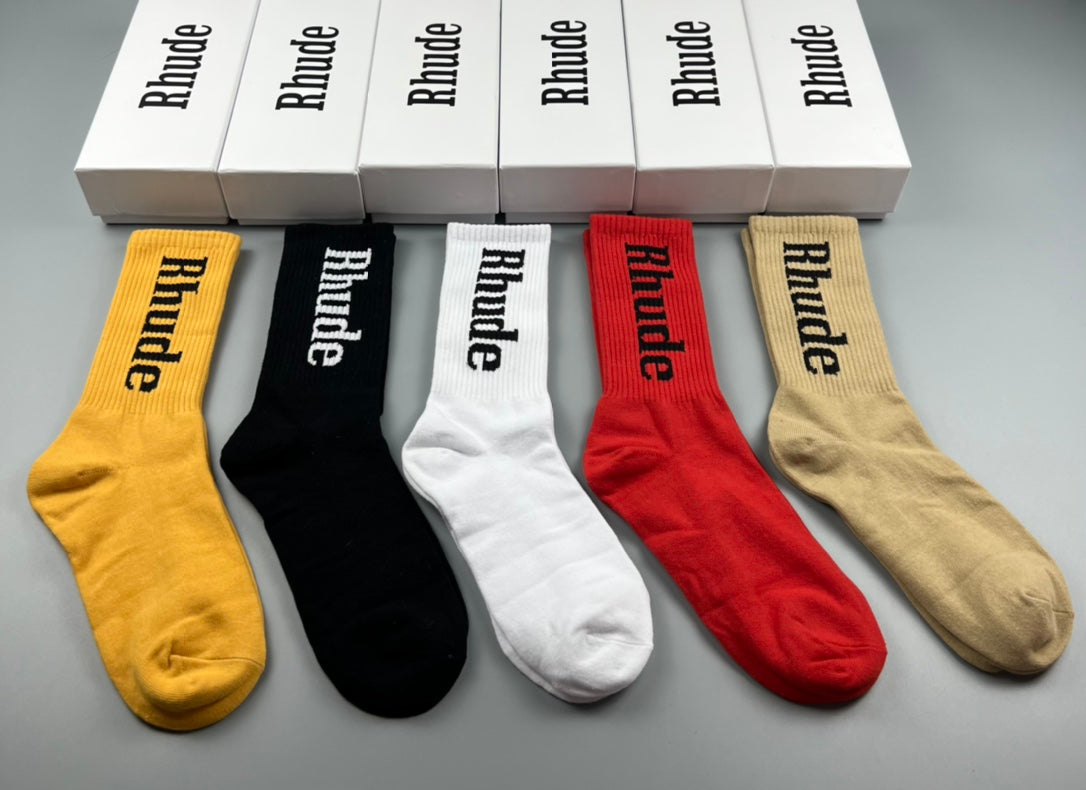 Rhude Crew Socks - Mustard, Black, White, Red and Beige 5-Pair Box
