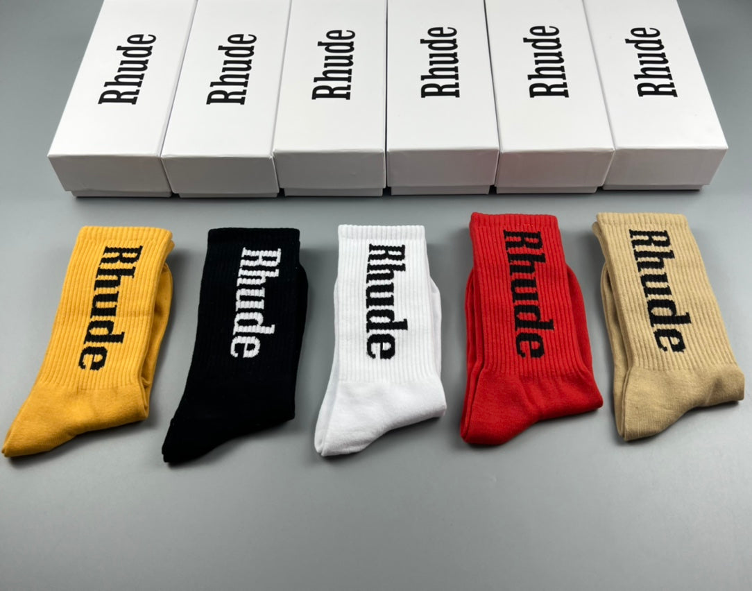 Rhude Crew Socks - Mustard, Black, White, Red and Beige 5-Pair Box