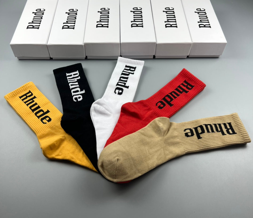 Rhude Crew Socks - Mustard, Black, White, Red and Beige 5-Pair Box