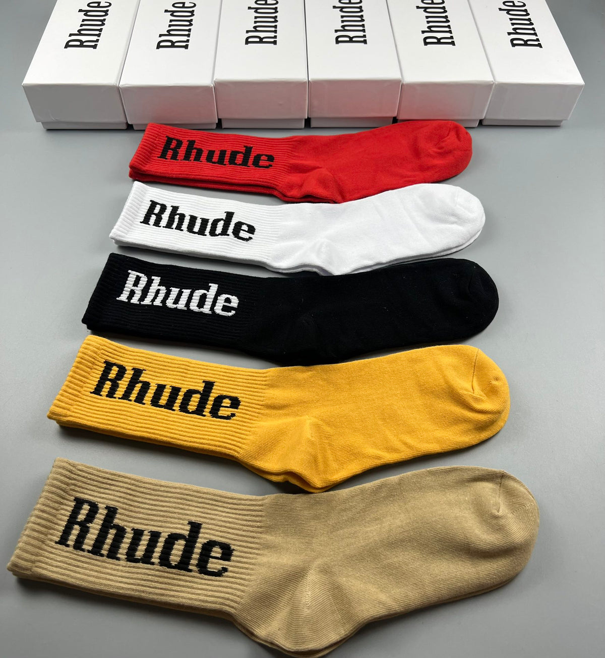 Rhude Crew Socks - Mustard, Black, White, Red and Beige 5-Pair Box