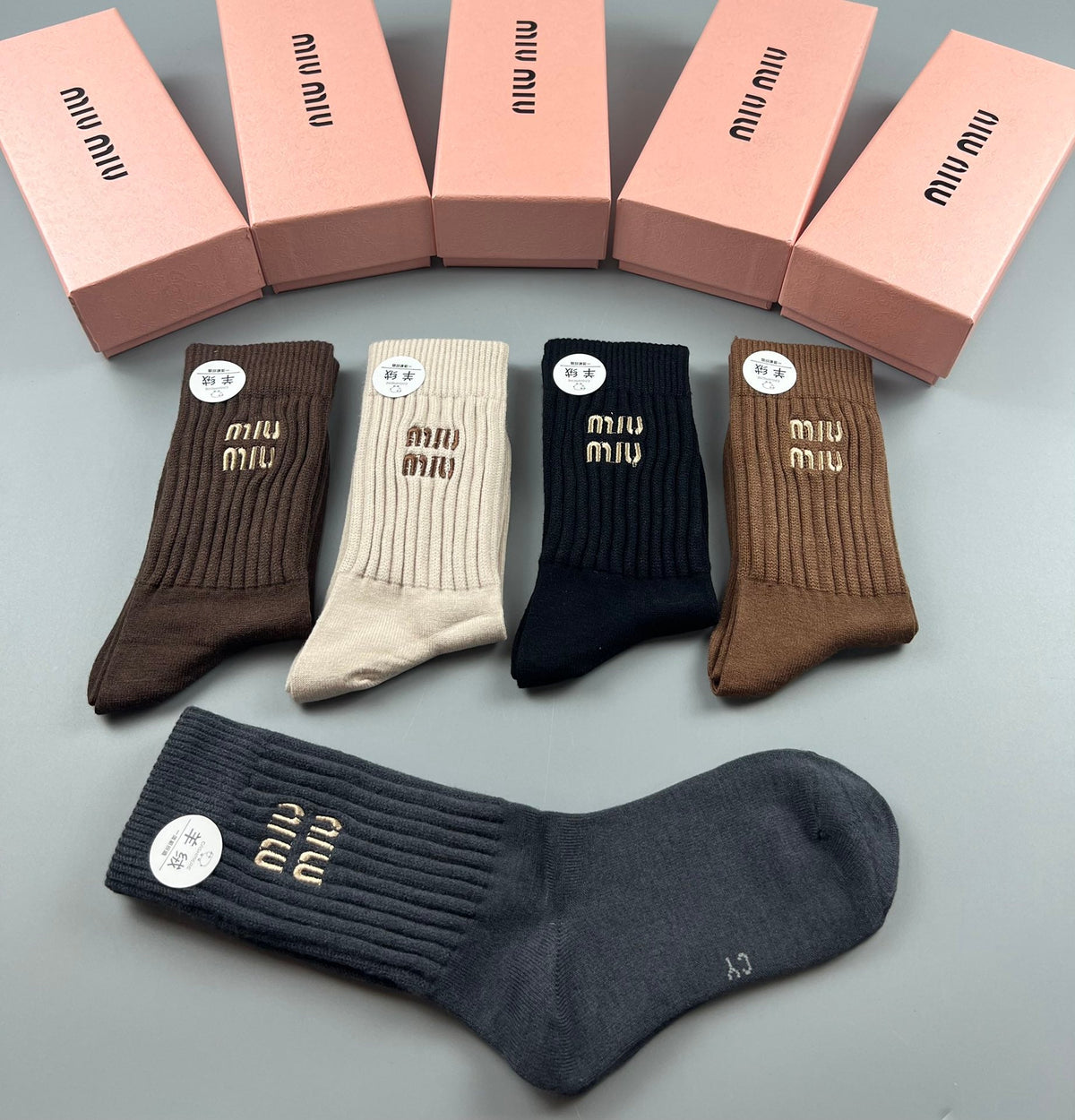 Miu Miu Neutral Ribbed Crew Crew Socks 5-Pair Box Collection
