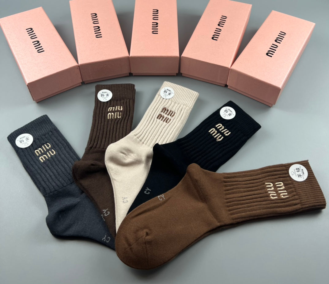Miu Miu Neutral Ribbed Crew Crew Socks 5-Pair Box Collection