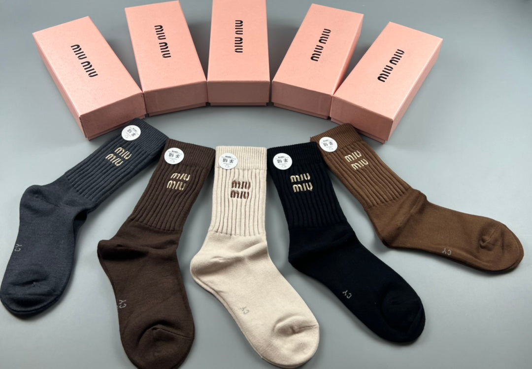 Miu Miu Neutral Ribbed Crew Crew Socks 5-Pair Box Collection