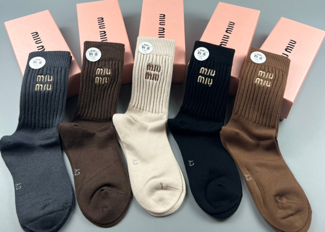 Miu Miu Neutral Ribbed Crew Crew Socks 5-Pair Box Collection