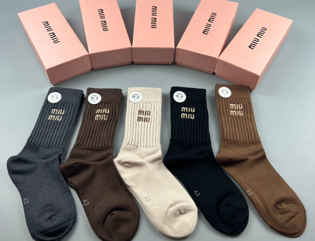 Miu Miu Neutral Ribbed Crew Crew Socks 5-Pair Box Collection
