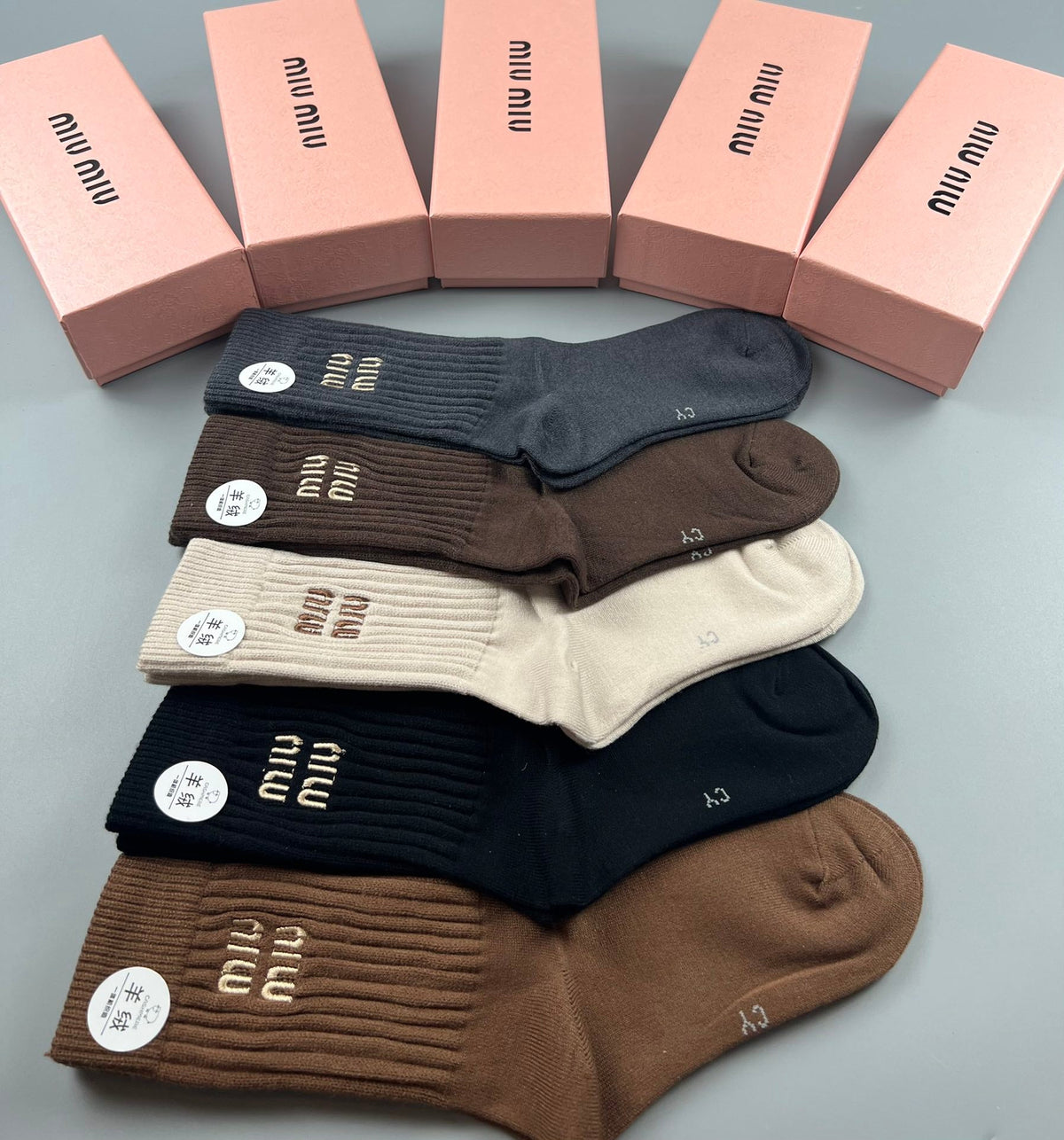Miu Miu Neutral Ribbed Crew Crew Socks 5-Pair Box Collection