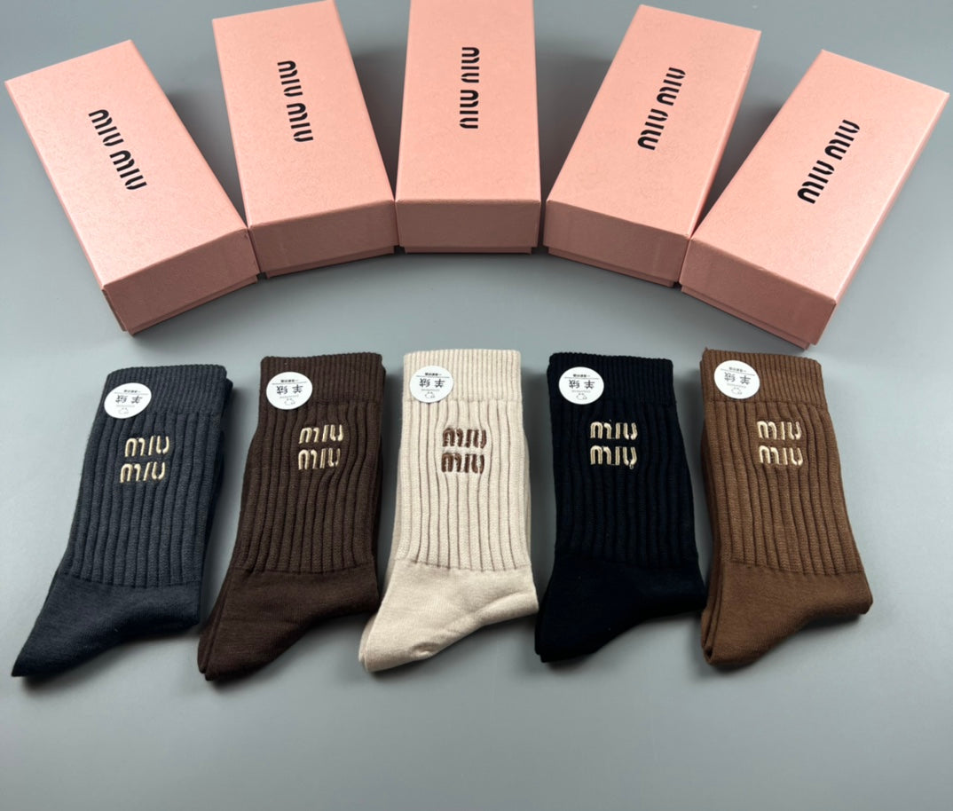 Miu Miu Neutral Ribbed Crew Crew Socks 5-Pair Box Collection