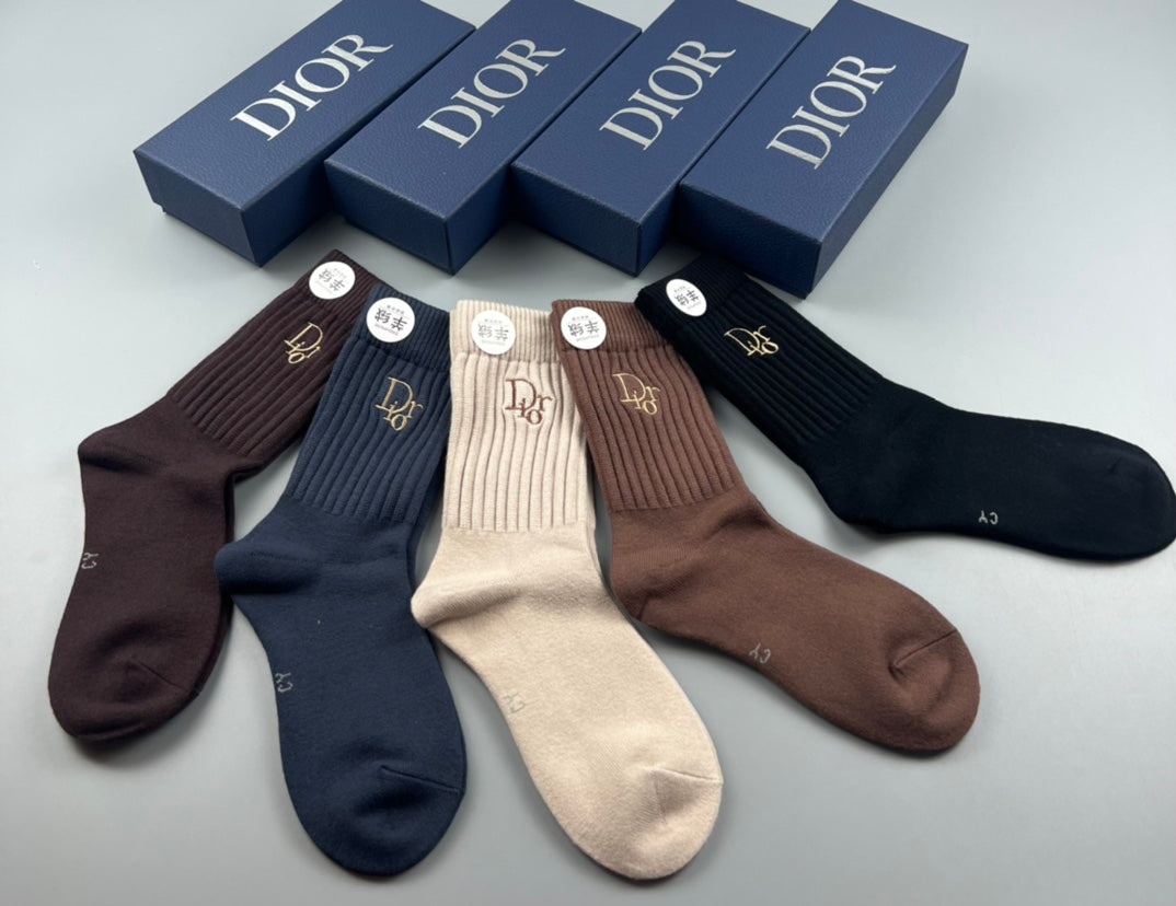 Dior Navy Brown Neutral Crew Crew Socks 5-Pair Box Collection