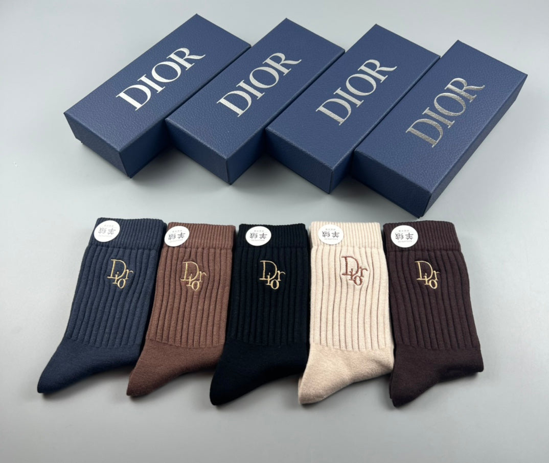 Dior Navy Brown Neutral Crew Crew Socks 5-Pair Box Collection