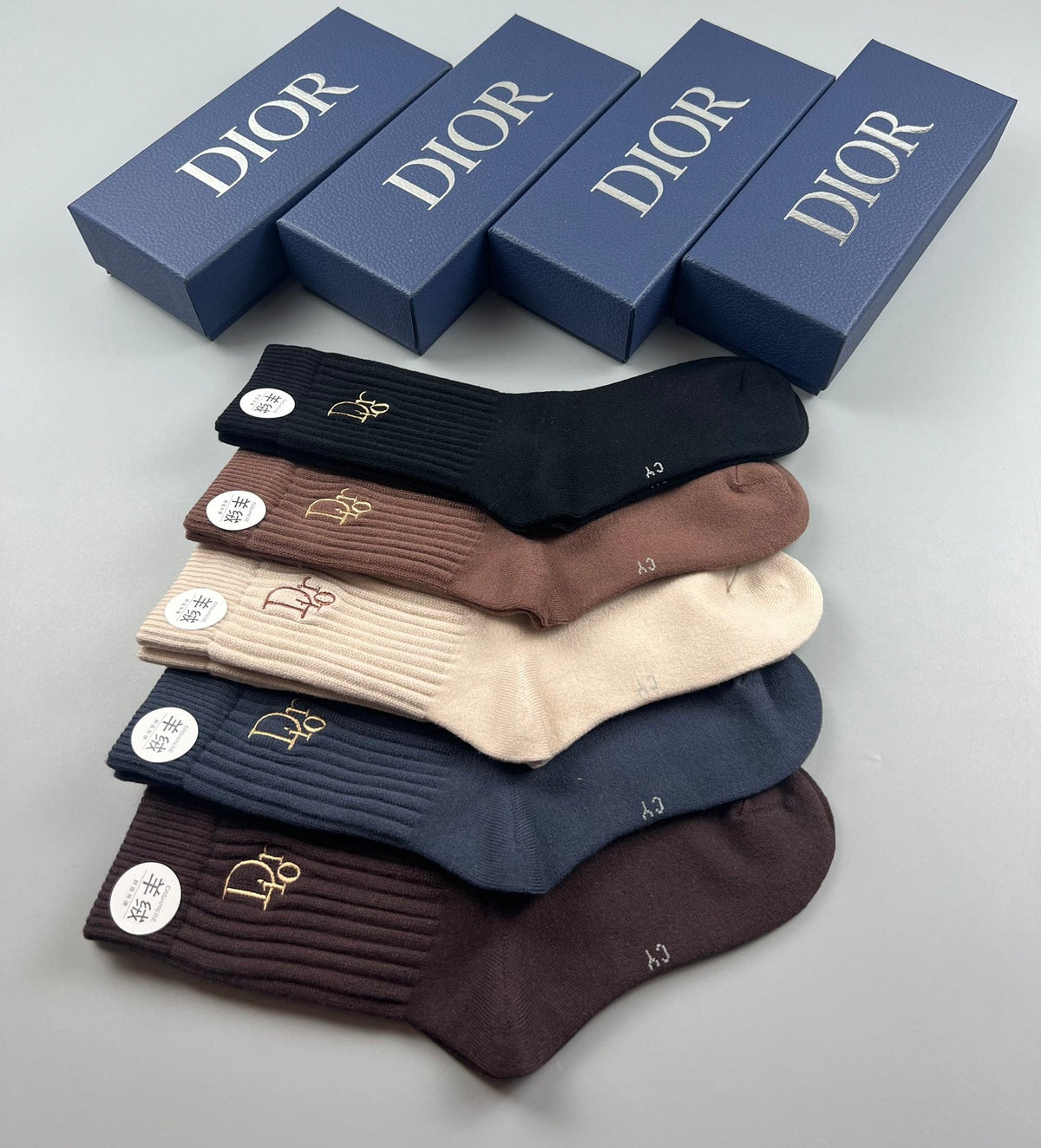 Dior Navy Brown Neutral Crew Crew Socks 5-Pair Box Collection