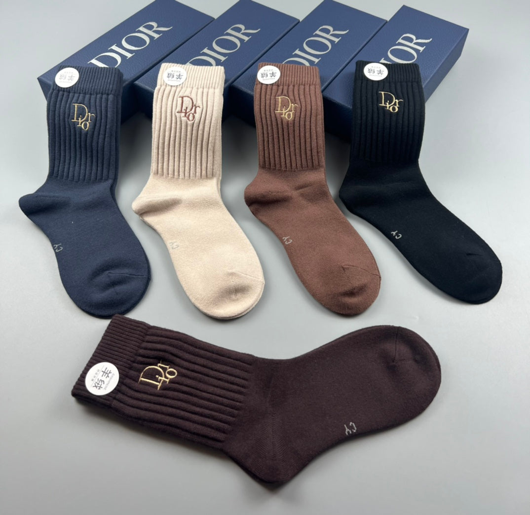Dior Navy Brown Neutral Crew Crew Socks 5-Pair Box Collection