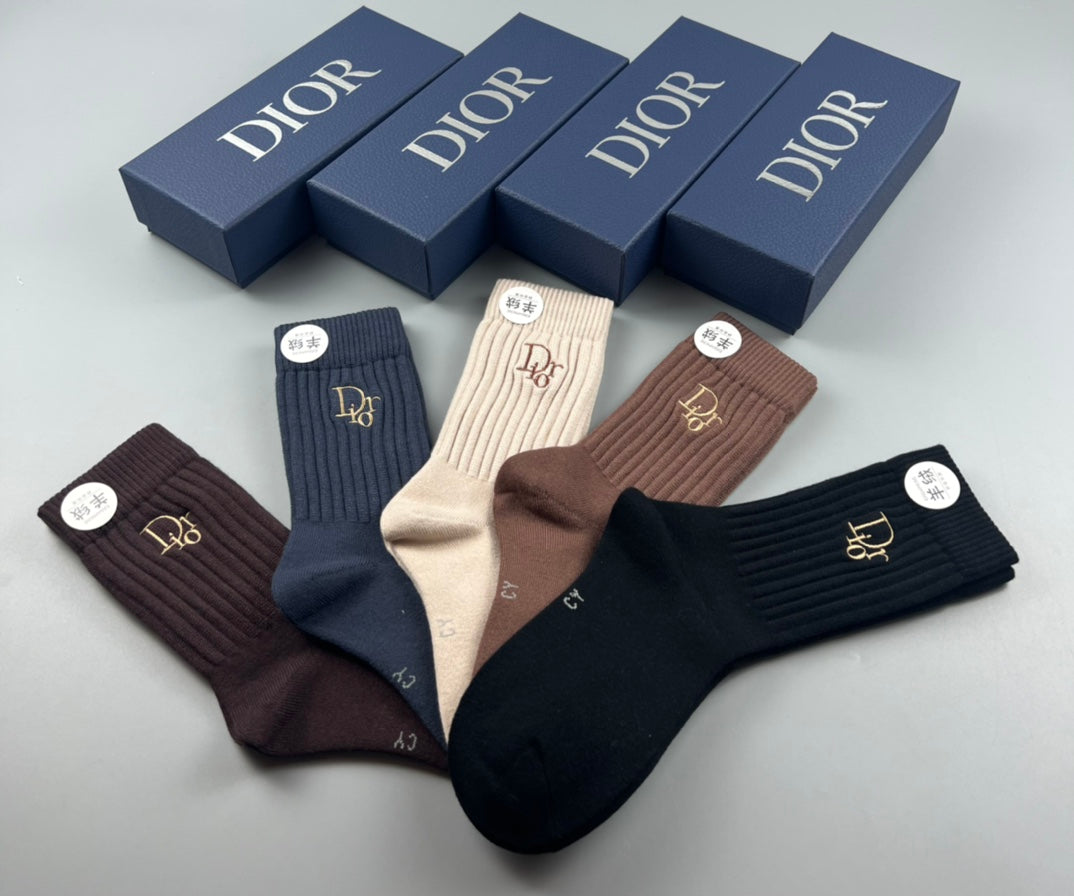 Dior Navy Brown Neutral Crew Crew Socks 5-Pair Box Collection