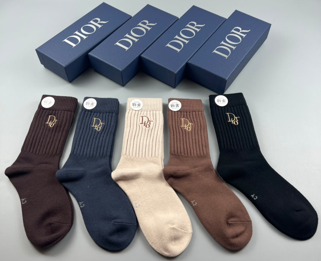Dior Navy Brown Neutral Crew Crew Socks 5-Pair Box Collection