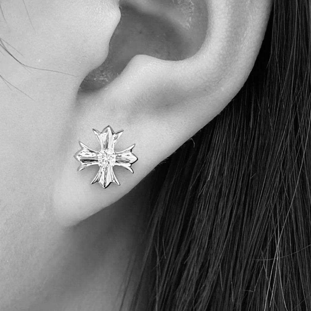 Martin Graham stud earrings in polished metal-tone – styled product view