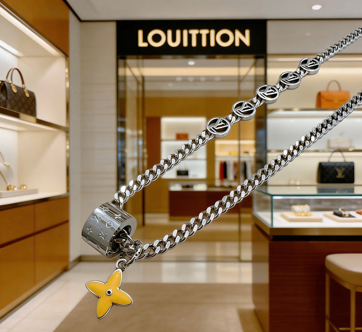 Martin Graham pendant necklace in polished metal-tone – close-up detail