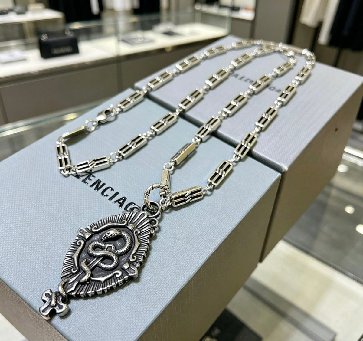 Martin Graham pendant necklace in polished metal-tone – front product view