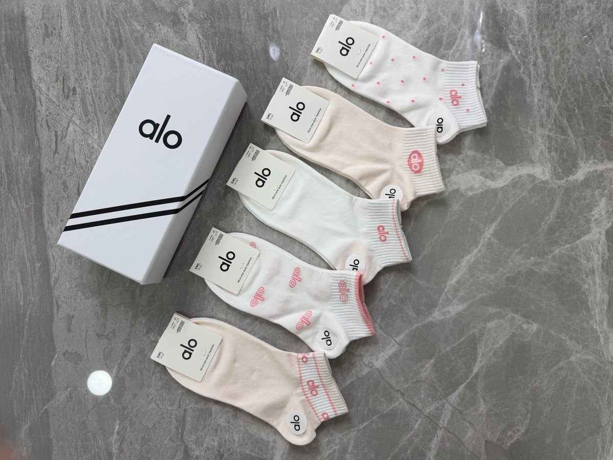 Alo Cotton Pink Accent Logos Ankle Socks - 5-Pair Set