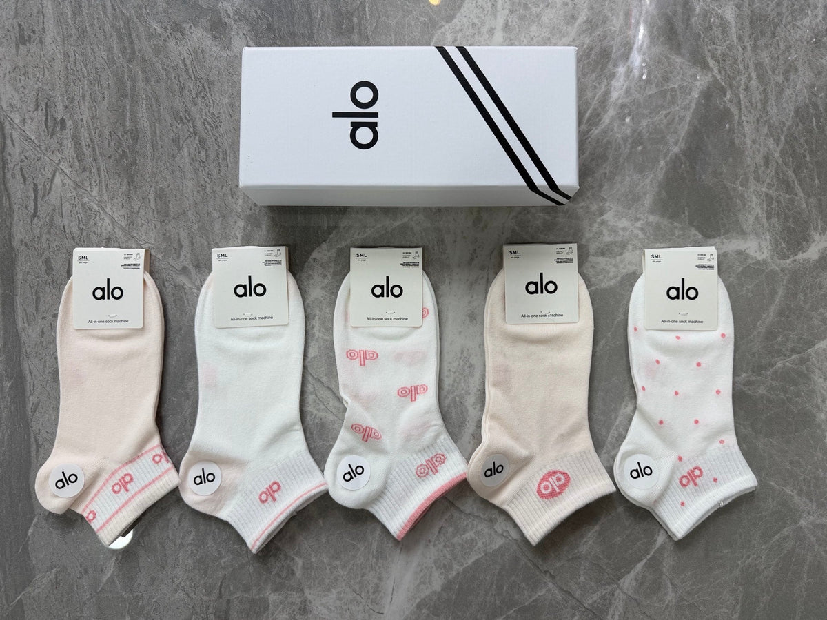 Alo Cotton Pink Accent Logos Ankle Socks - 5-Pair Set
