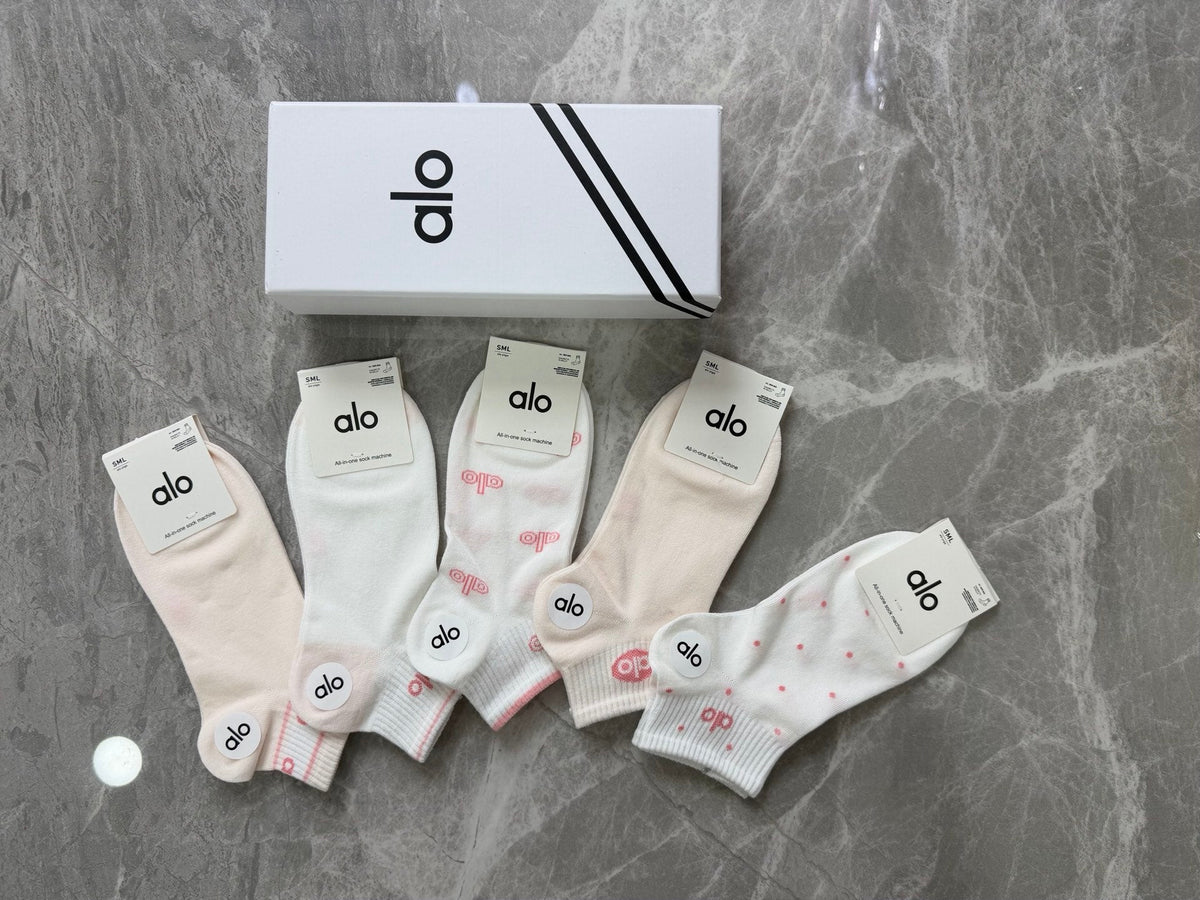 Alo Cotton Pink Accent Logos Ankle Socks - 5-Pair Set