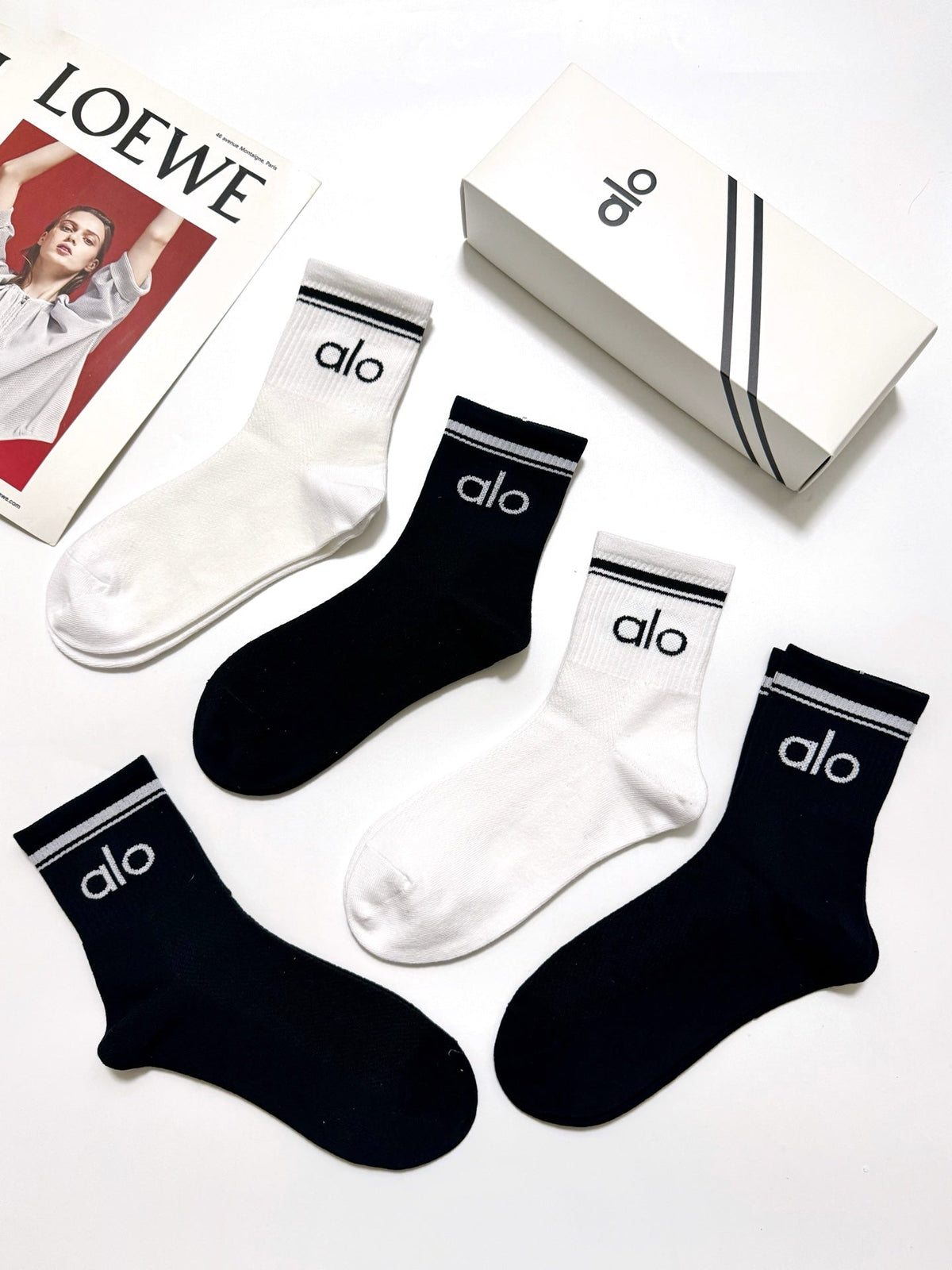 Alo Cotton Classic Letter Branding Crew Socks - 5-Pair Set