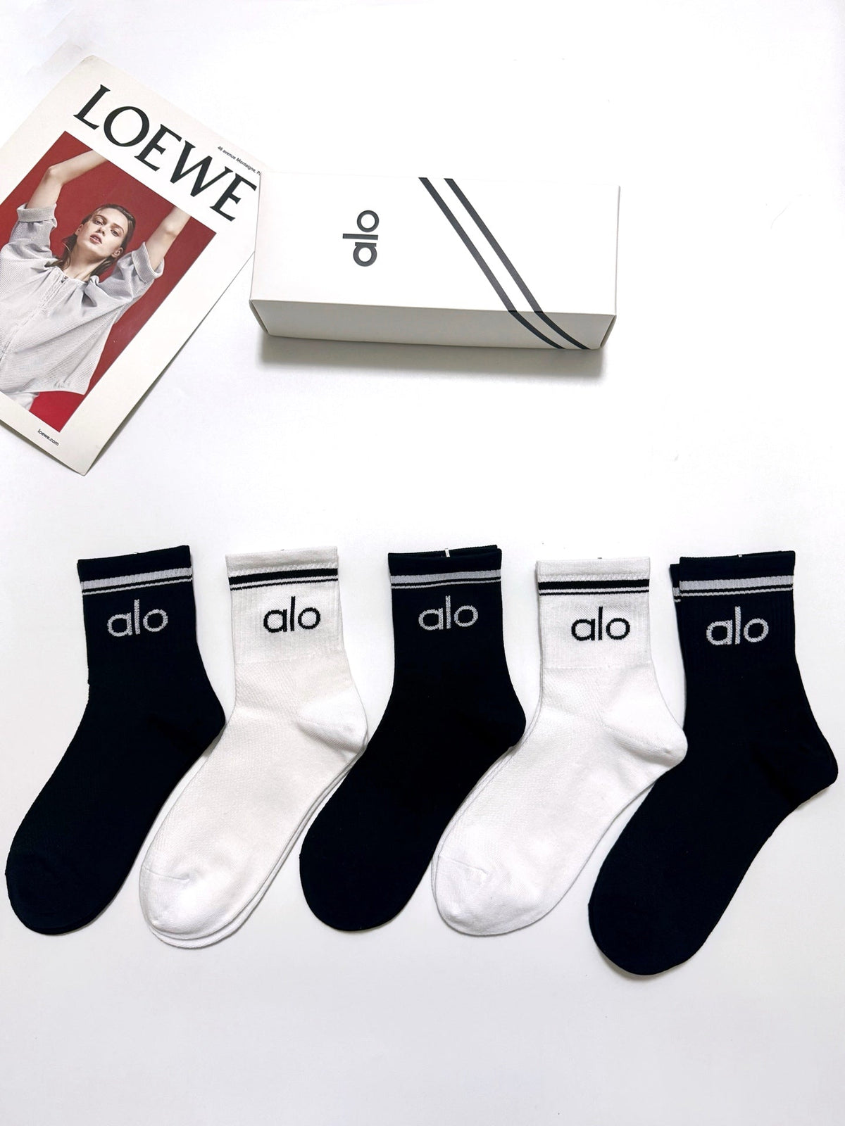 Alo Cotton Classic Letter Branding Crew Socks - 5-Pair Set