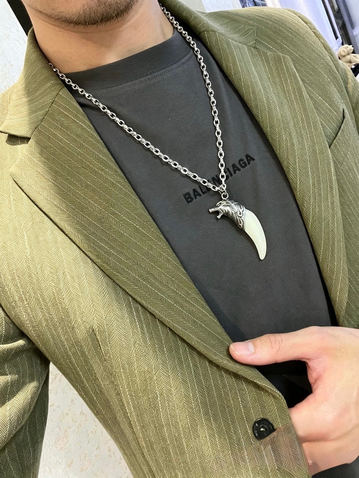 Martin Graham pendant necklace in polished metal-tone – styled product view