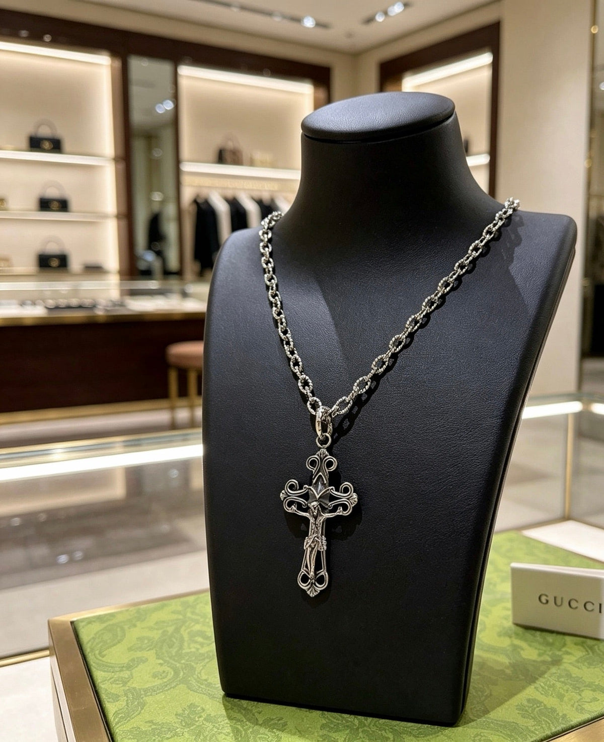 Martin Graham pendant necklace in polished metal-tone – side detail