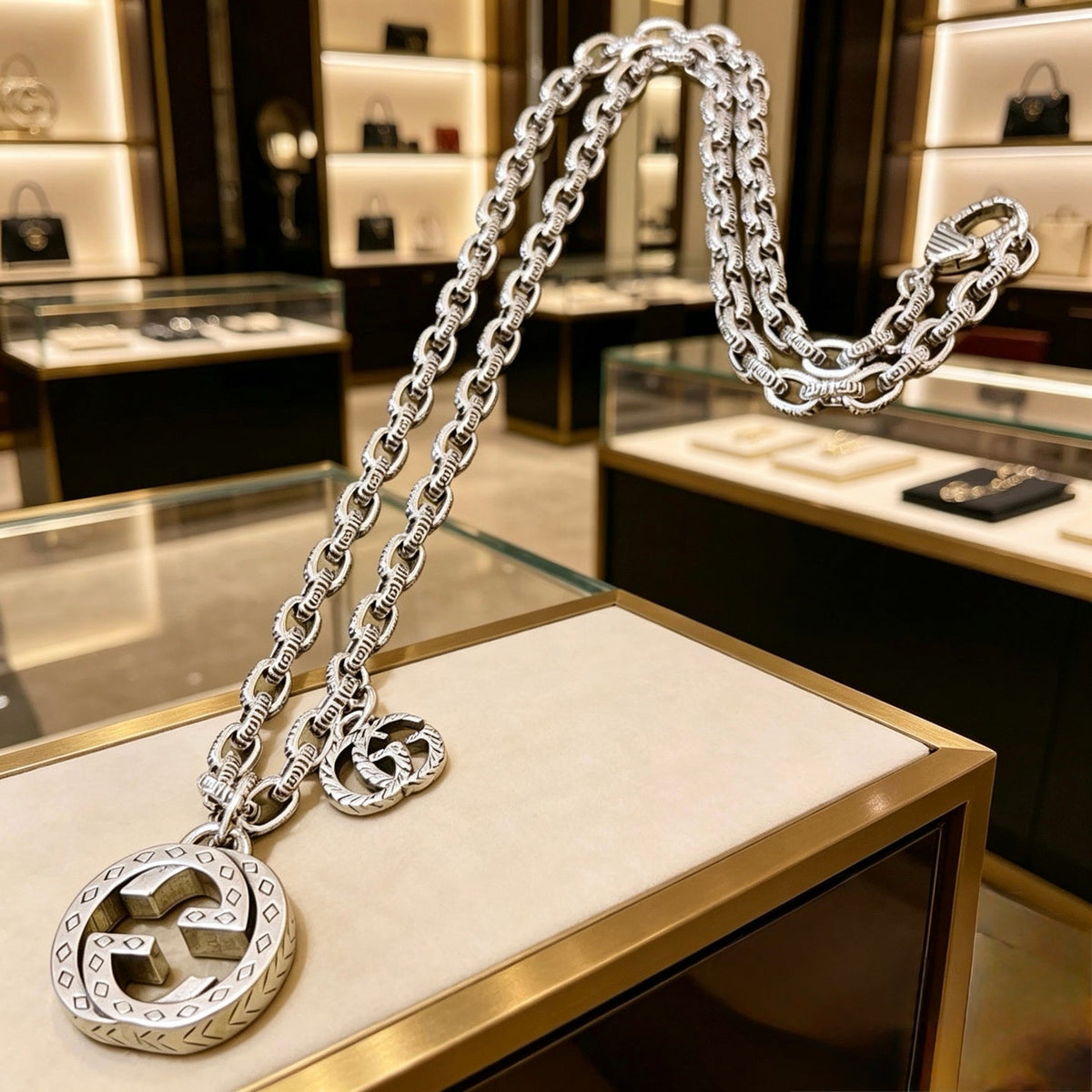 Martin Graham pendant necklace in polished metal-tone – side detail