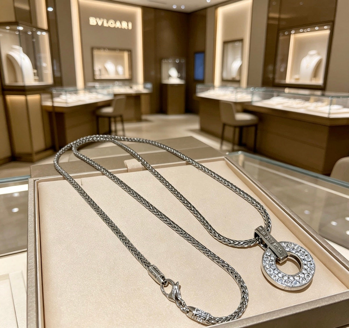 Martin Graham pendant necklace in polished metal-tone – side detail