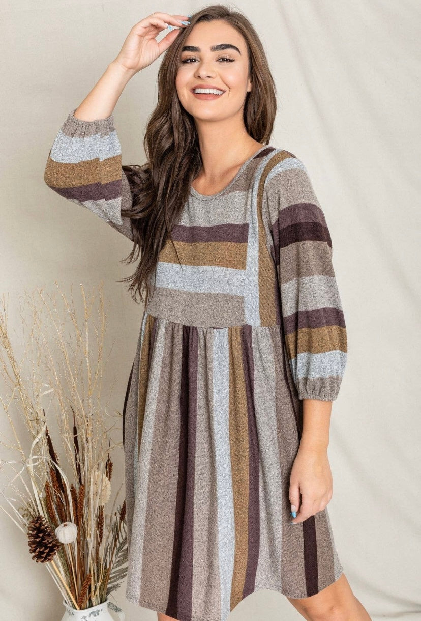 Brown Mocha Plus Mix Stripe Balloon Sleeve Midi Dress
