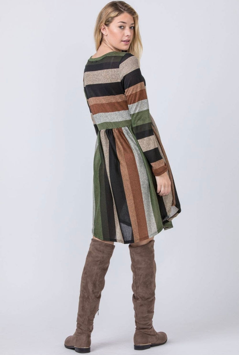Olive Black Stripe Curved Hem Midi Dress