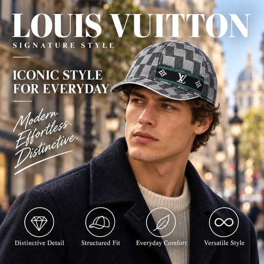 Louis Vuitton Baseball Cap worn by fashion model in a European street-style setting