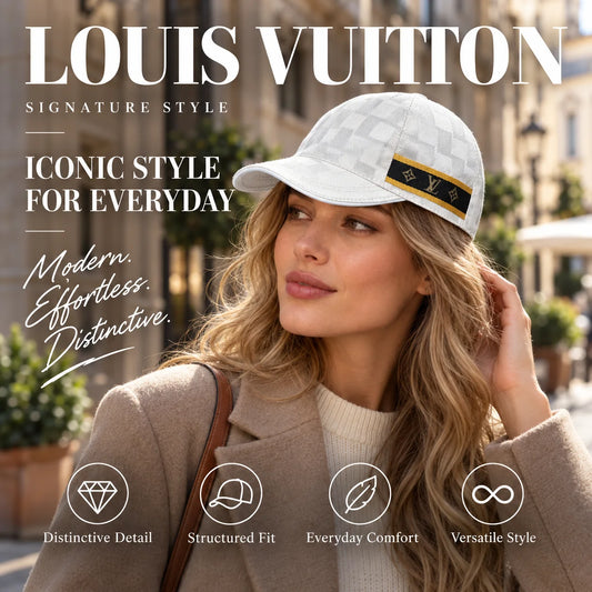 Louis Vuitton Baseball Cap worn by fashion model in a European street-style setting