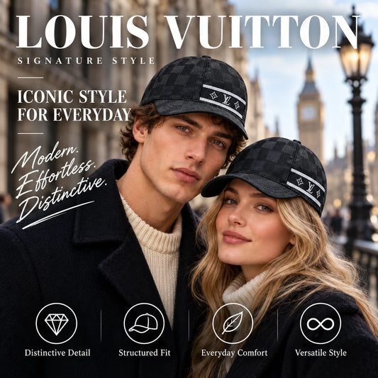 Louis Vuitton Baseball Cap worn by fashion model in a European street-style setting