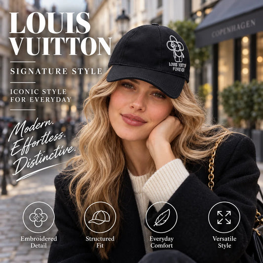 Louis Vuitton Canvas Embroidered Baseball Cap worn by fashion model in a European street-style setting