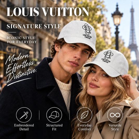 Louis Vuitton Canvas Embroidered Baseball Cap worn by fashion model in a European street-style setting