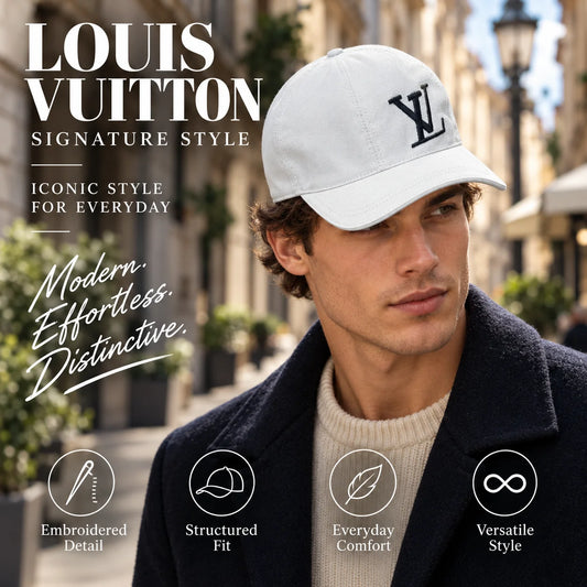 Louis Vuitton Canvas Embroidered Baseball Cap worn by fashion model in a European street-style setting