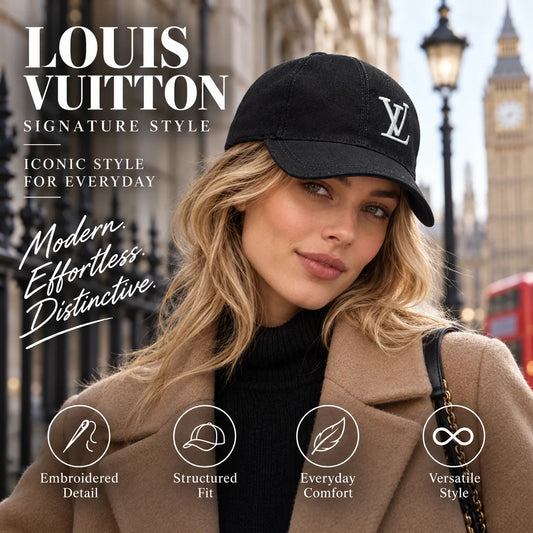 Louis Vuitton Canvas Embroidered Baseball Cap worn by fashion model in a European street-style setting
