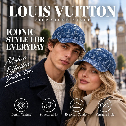 Louis Vuitton Denim Canvas Baseball Cap worn by fashion model in a European street-style setting