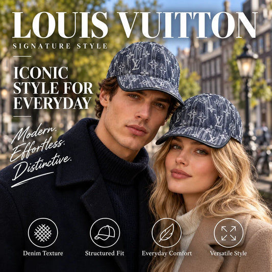 Louis Vuitton Denim Canvas Baseball Cap worn by fashion model in a European street-style setting