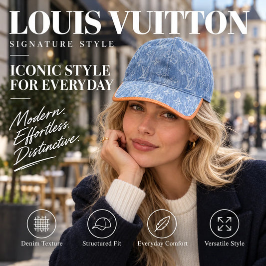 Louis Vuitton Denim Canvas Baseball Cap worn by fashion model in a European street-style setting