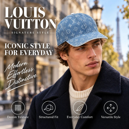 Louis Vuitton Denim Canvas Baseball Cap worn by fashion model in a European street-style setting